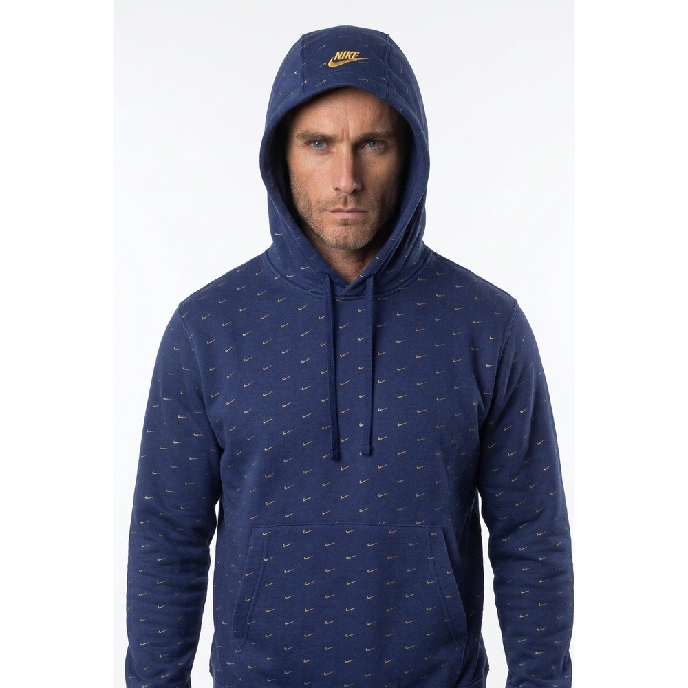 Nike Mens All Over Swoosh Print Pullover Hoodie Blue Gold Medium CJ8907-492